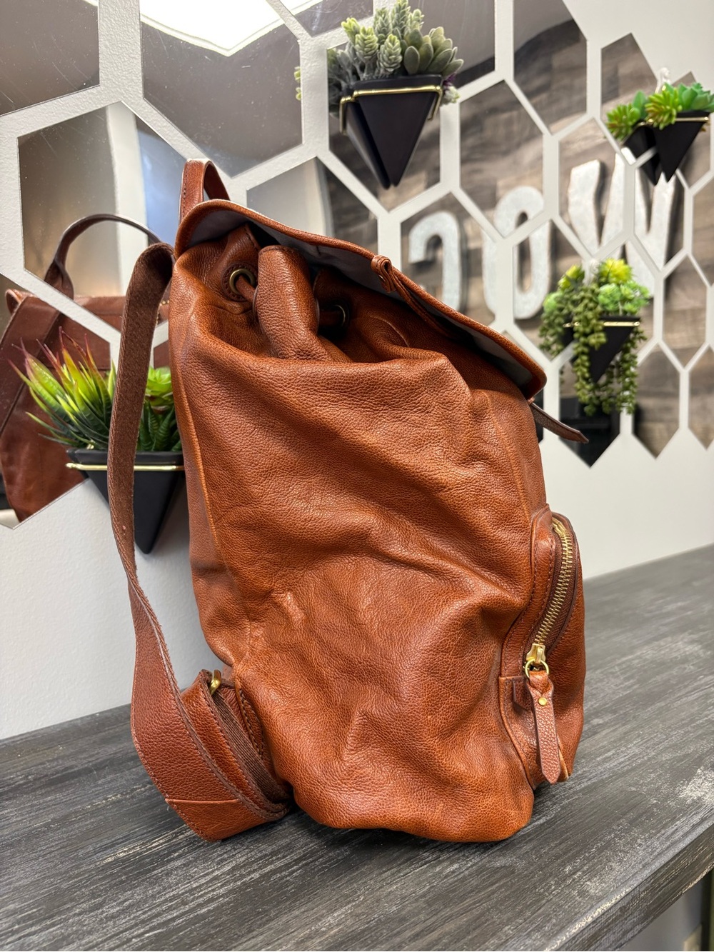 Fossil Tan Leather Backpack with Front Pocket - Picture 3 of 13